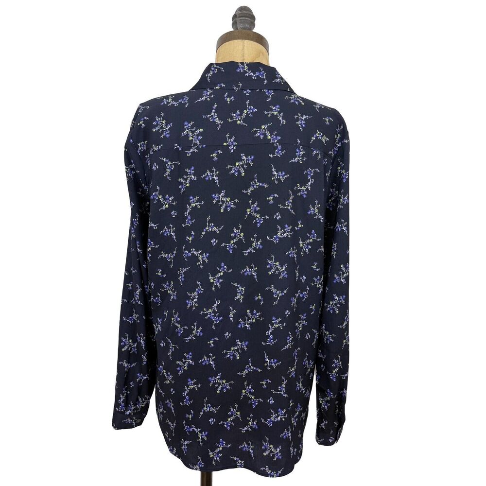 ANN TAYLOR Woven Dress Shirt Petite L Navy Blue Floral Print Button Up Top B4 - Picture 3 of 5